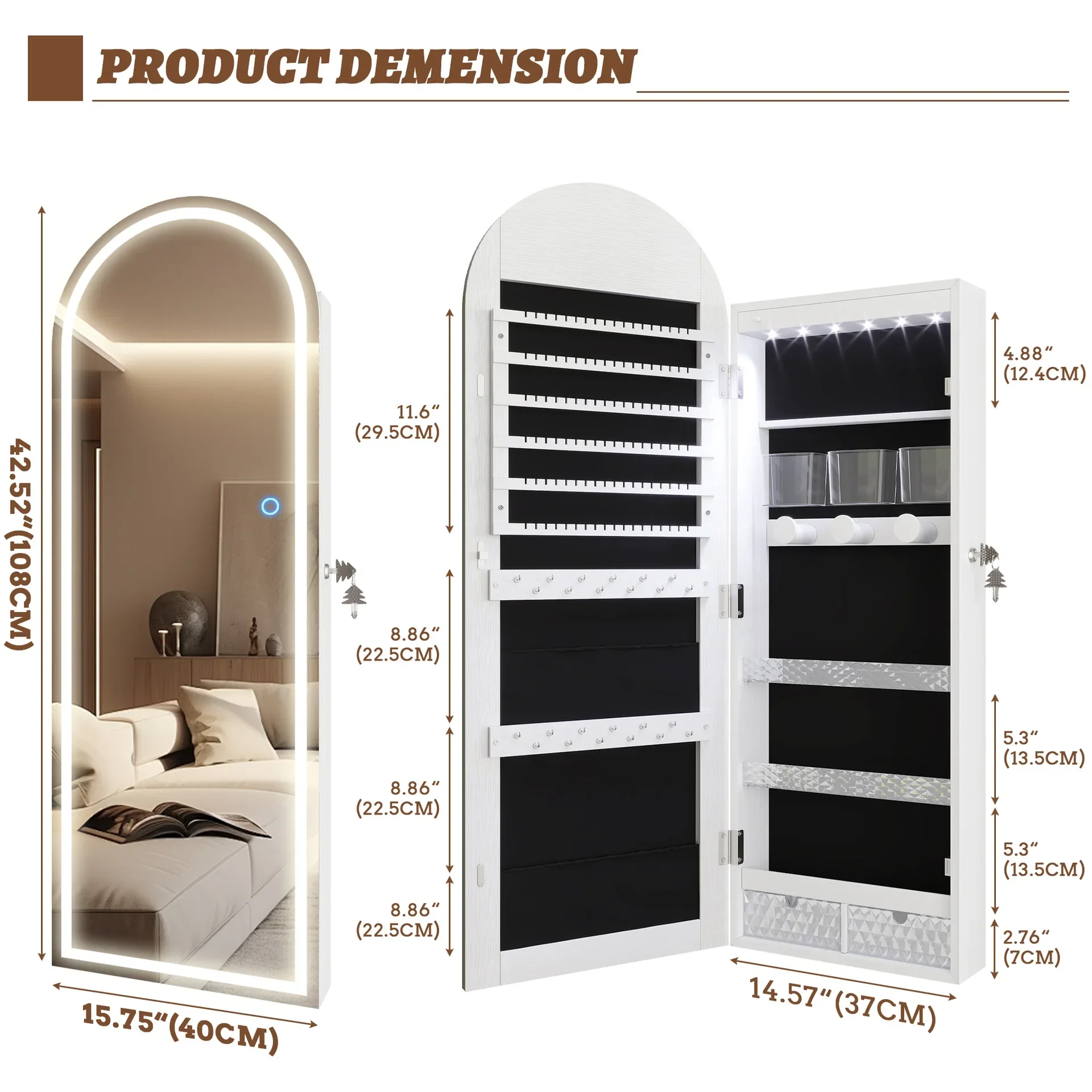 Jewelry mirror cabinet with LED lights, wall-mounted full-body full-length mirror, multi-functional jewelry display stand jewelr