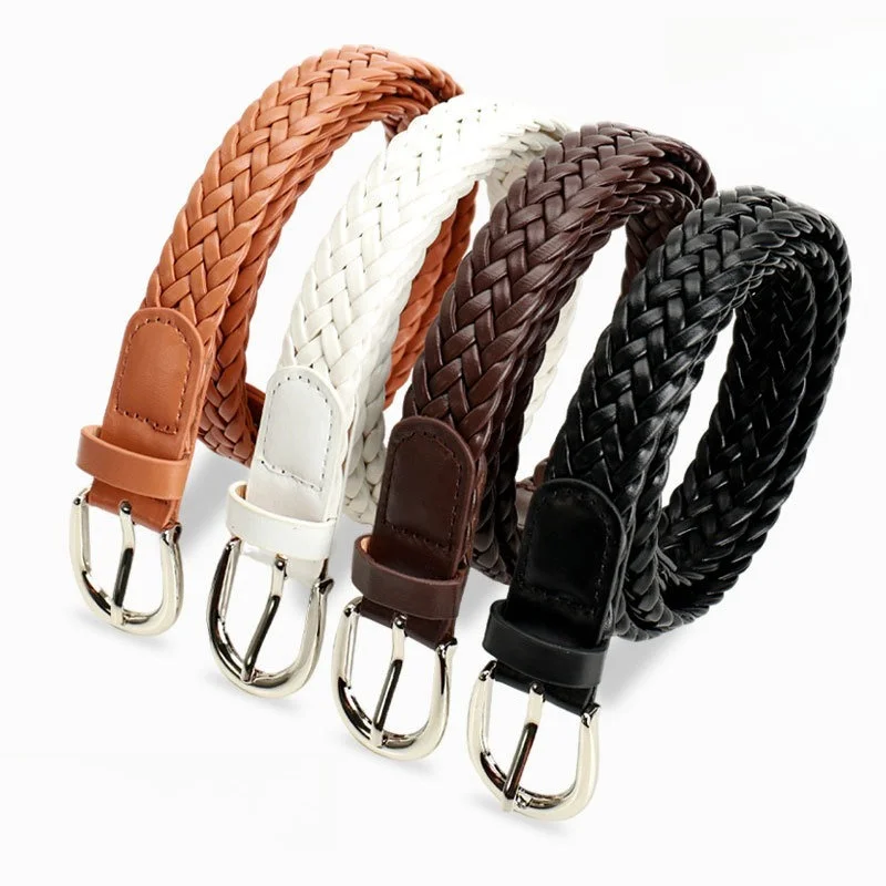 Korean-Style Fashionable No-Hole Faux Leather Braided Women’s Belt Commute Everyday Decorative for Dresses and Jeans