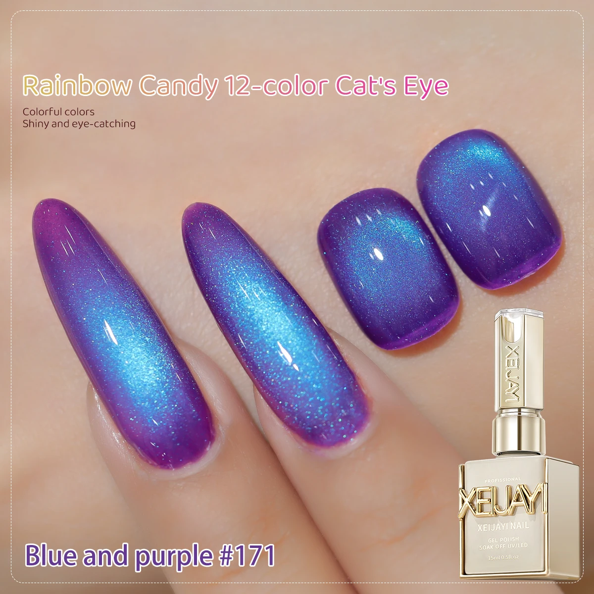 XEJAYI 1pc 15ml Rainbow Candy Cat Eye Gel Nagellak, UV LED Inweken Nagelgel, semi-permanent, DIY Salon Kwaliteit