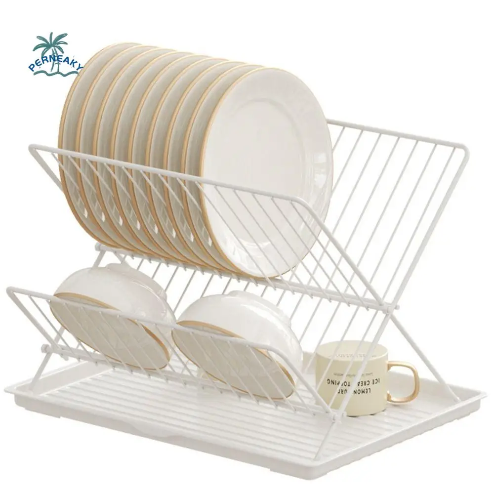 

X-Shape Foldable Dish Drying Rack 2 Tier Non-slip Kitchen Tableware Holder Water Catcher Tray Space-saving