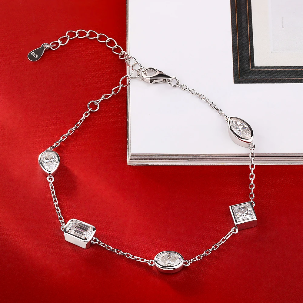 BXINY Bezel Set Moissanite Bracelet 925 Sterling Silver 5-Stone Diamond Hand Chain for Women Wedding Gifts Fine Jewelry With GRA