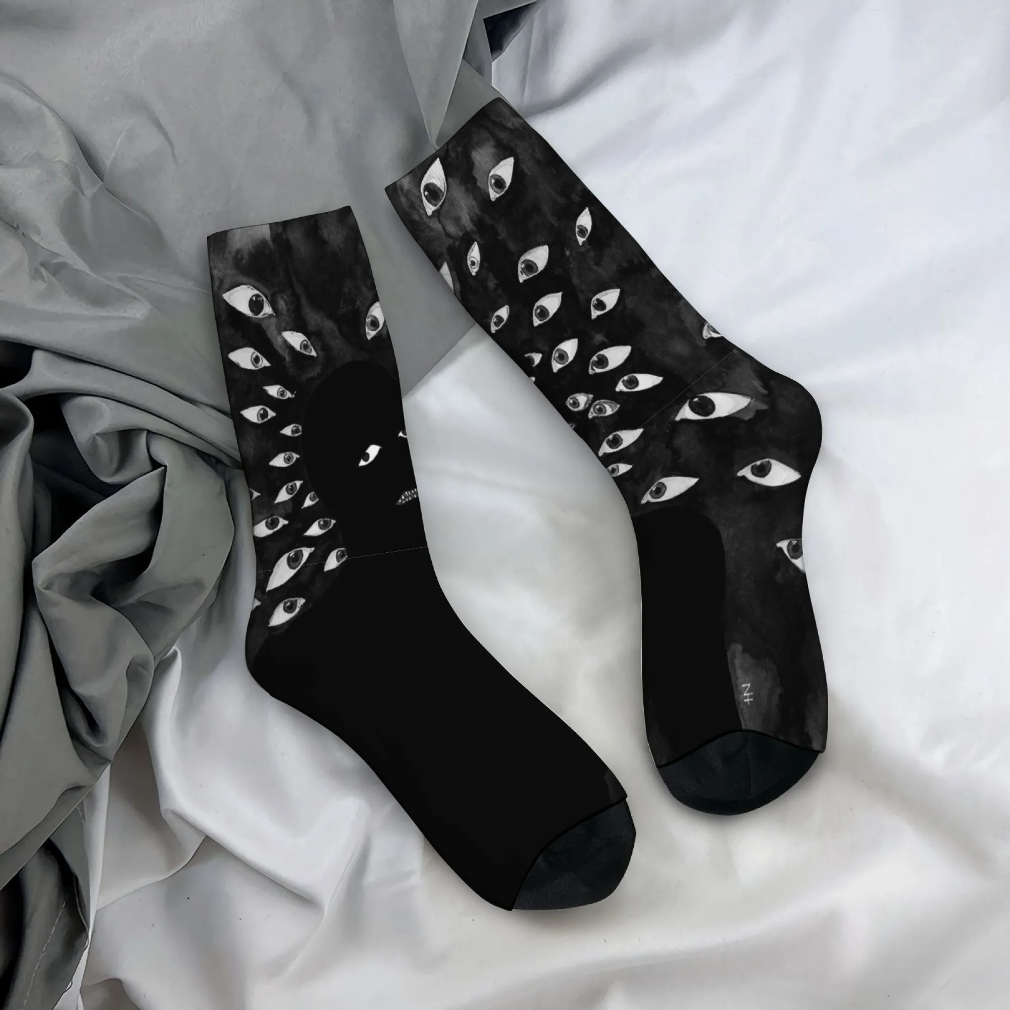 Neuartige Harajuku Retro Dark Grotesk Ink Dense Eyes Crew Socken Schwarz Weiß Muster Mid-Calf Socken Edgy Casual Wear