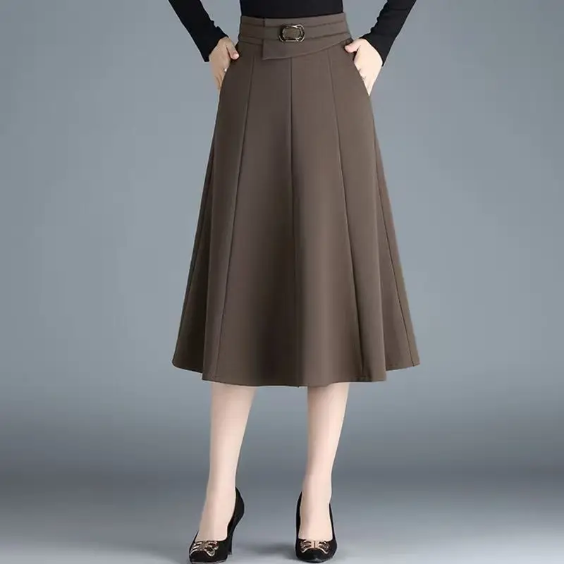 Women High Waist Belted Pocket Pleated A Line Midi Skirt