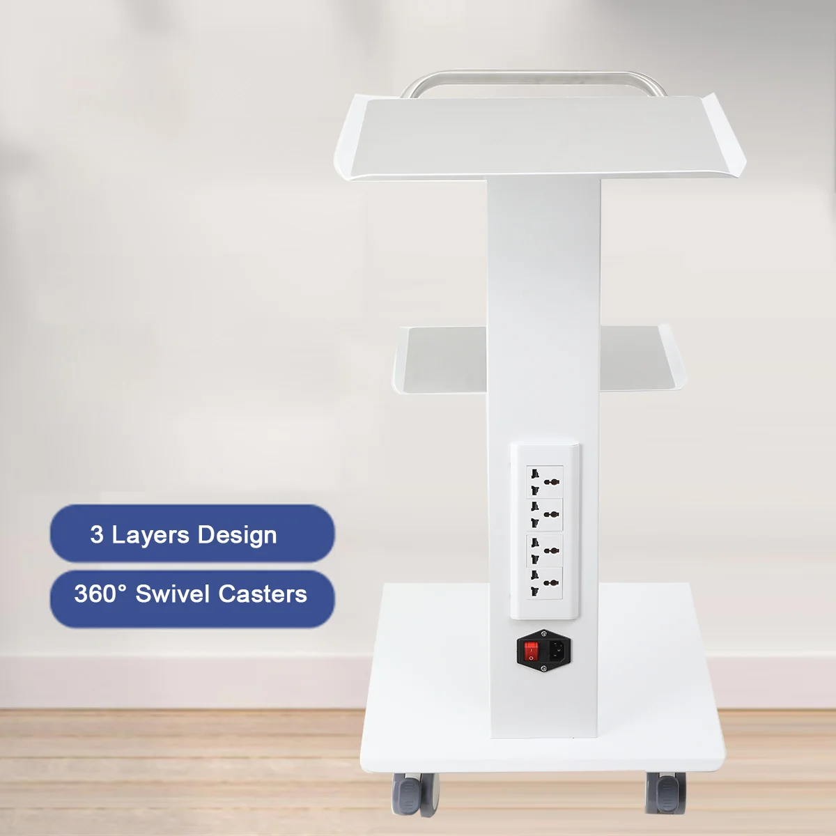 Multi-Functional Salon Trolley Cart Steel 3-Tier 4 Power Outlets for Beauty Medical Lab Dental Hospital Use