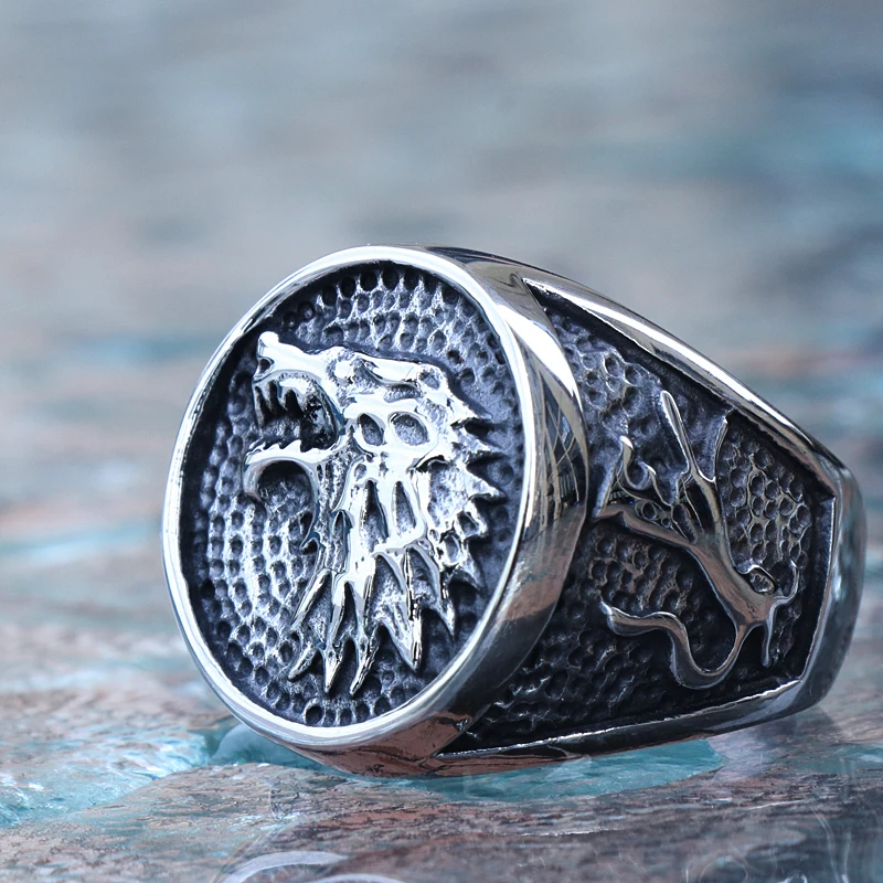 Retro Viking Stainless Steel Wolf Ring Men Biker Ice Wolf House Stark Winterfell Animal Ring Nordic Fashion Jewelry Size 7-13