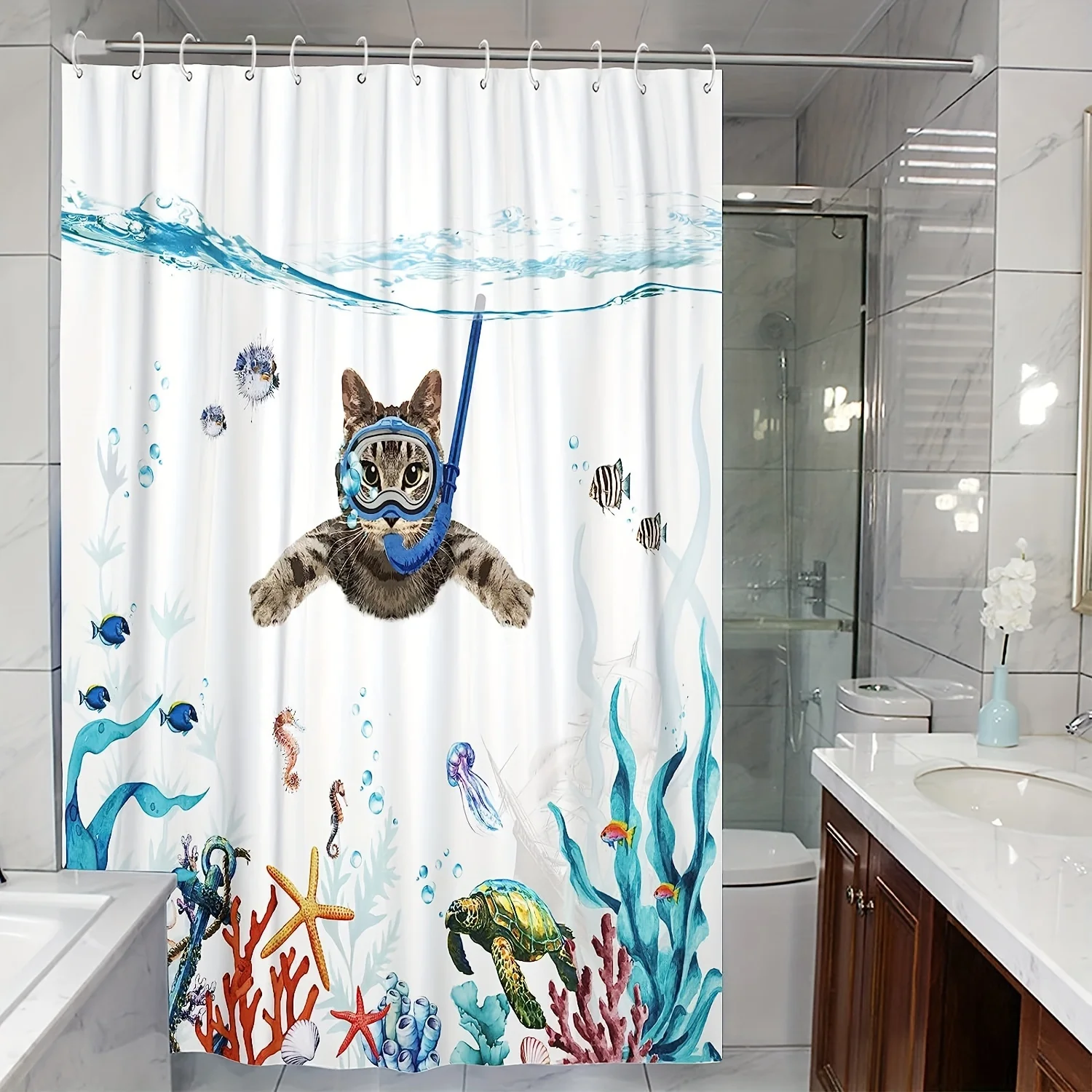 Blue Fun Cat & Ocean Life Shower Curtain – Water-Resistant, Easy-Care Polyester Bathroom Decor with Eyelets (72x72)