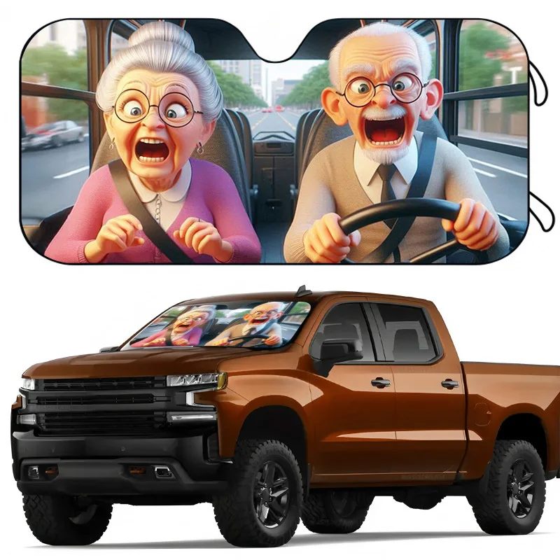 Cartoon Elderly Couple Image Car Sun Visor, Can Be Folded and Stored, Effectively Protect the Sun to Keep the Car Cool