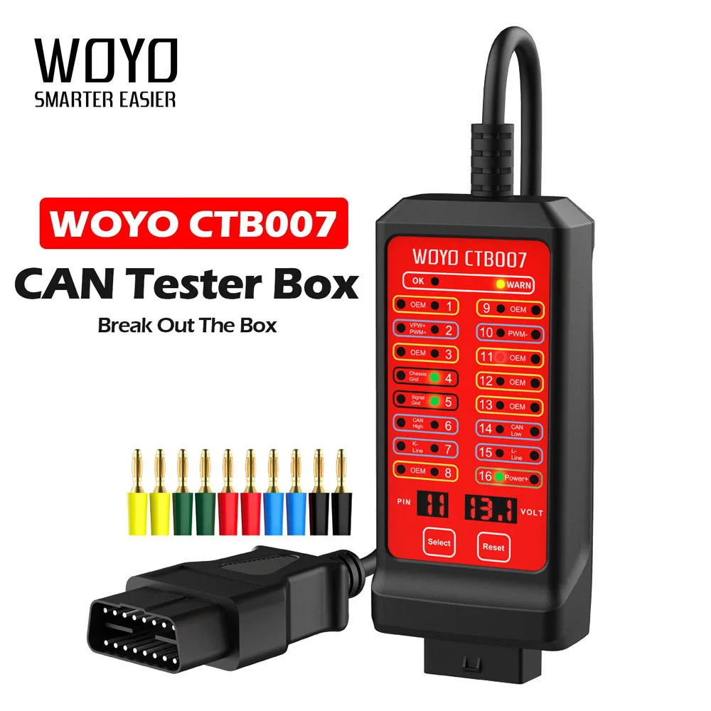 

WOYO CTB007 CAN Tester Box 12V 24V Car OBD2 Breakout Box 16 Pin OBD2 Diagnostic Tool Automotive CAN Tester on Bench / on Vehicle