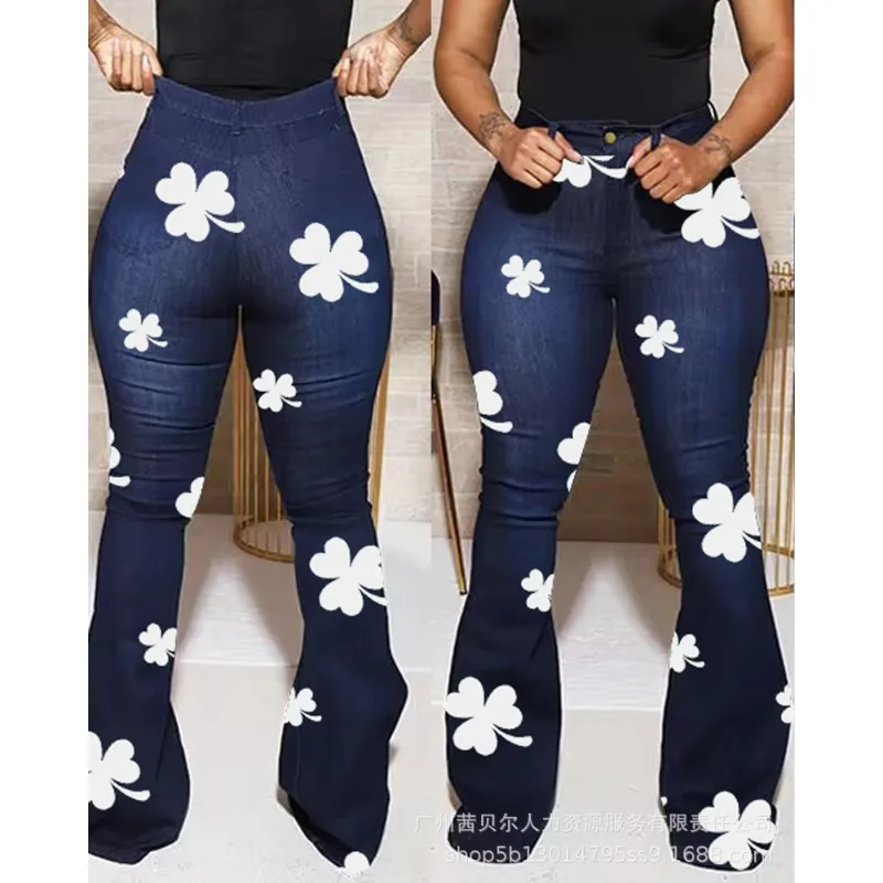 Denim Bootcut Pants St. Patrick's Day Y2K Skinny Jeans Women Four-Leaf Clover Printed High Waist Lucky Denim Trousers