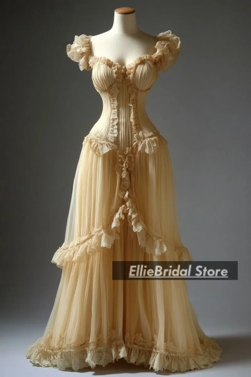 Champagne Square Neck Tulle Wedding Dresses For Women Luxury Lace Ruffles Long A-Line Bridal Gowns Vestido De Novia Customized