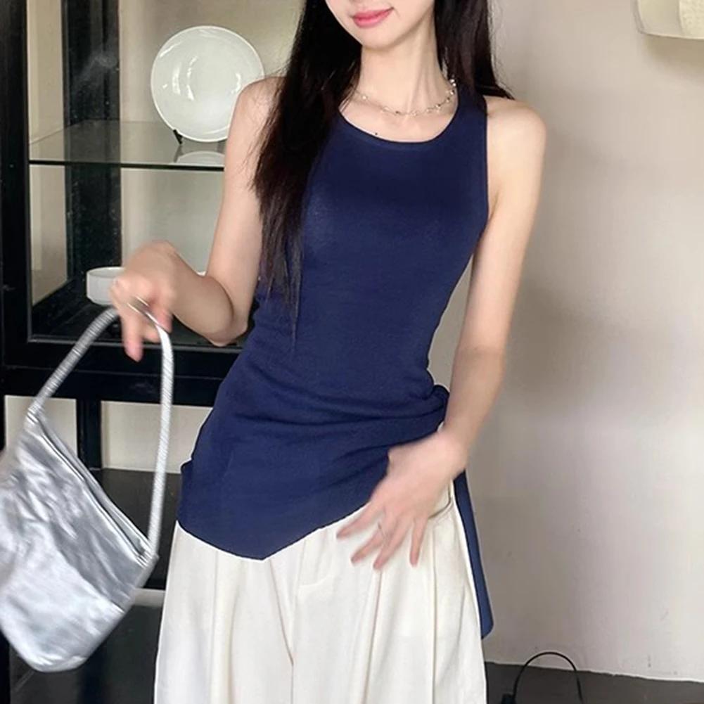 

Casual Outing Summer Beach Blue Strapless Camisole Women Casual Wear Lightweight Summer Wear Round Neck Design