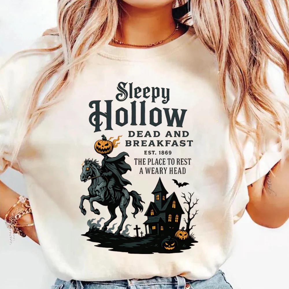 Sleepy Hollow Halloween T-shirt Gothic Horror Shirt Headless Horseman Pumpkin Rider Halloween Tshirt Vintage Short Sleeves Tops