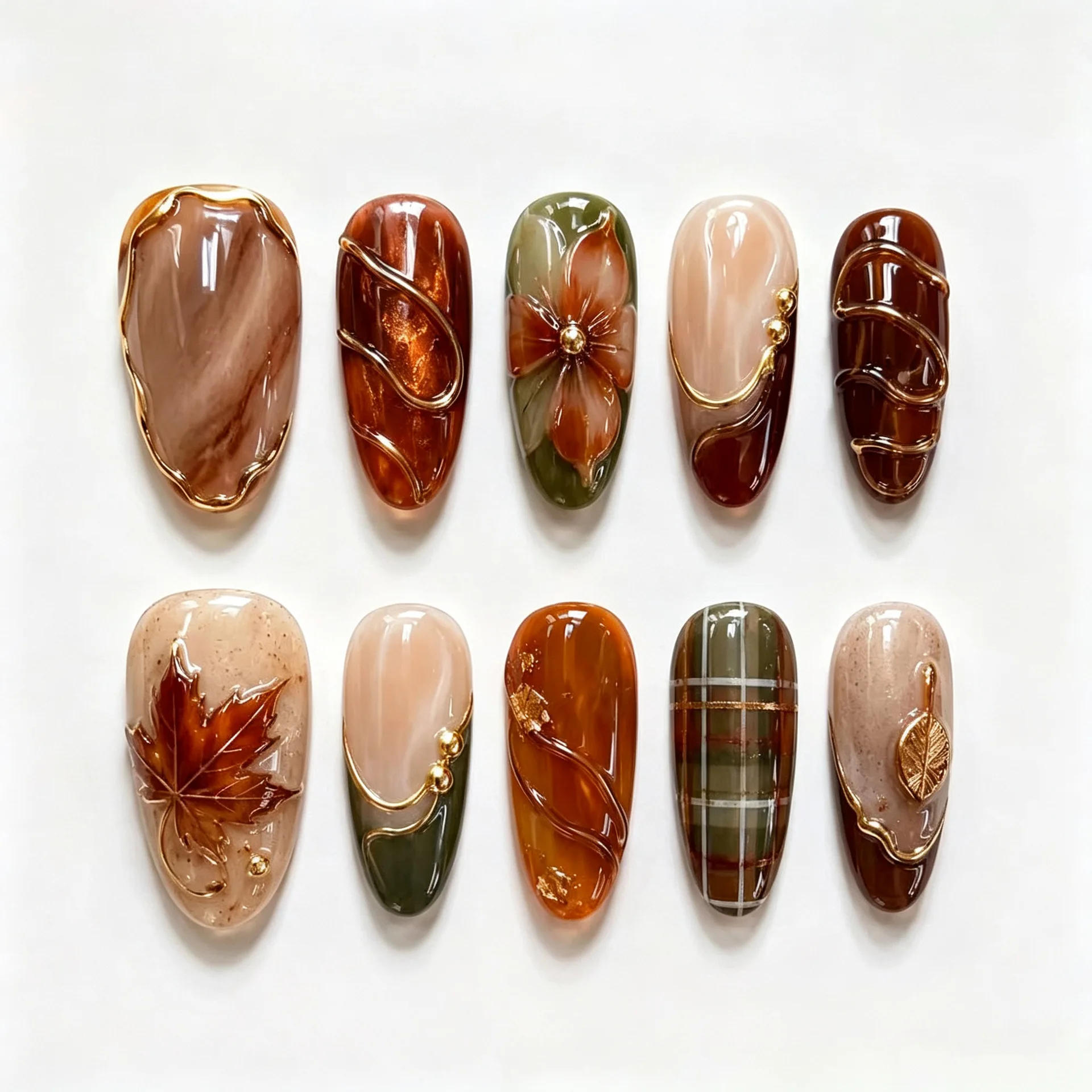 24Pcs Autumn Fashion Brown Nails Press on Gilded Leaves Almond False Nails Sets Polka Dot Full Cover Glitter Finished Fake Nail