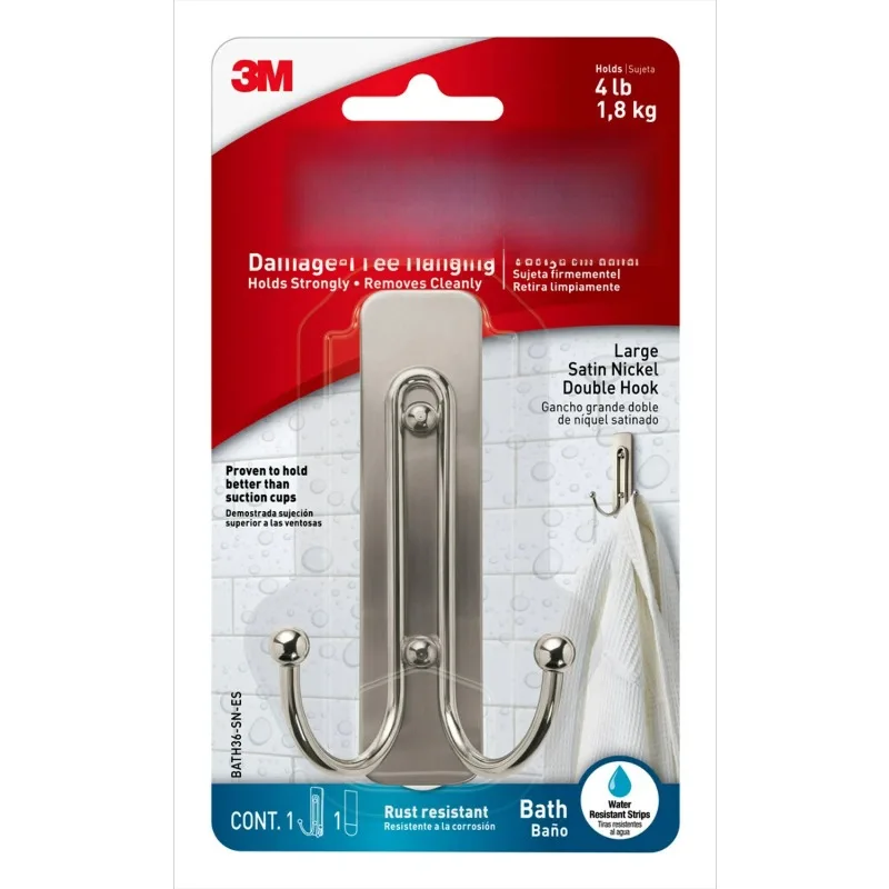 욕실 중형 후크, 새틴 니켈, 벽 후크 2개 및 Command 대형 더블 욕실 벽 후크, 새틴 니켈