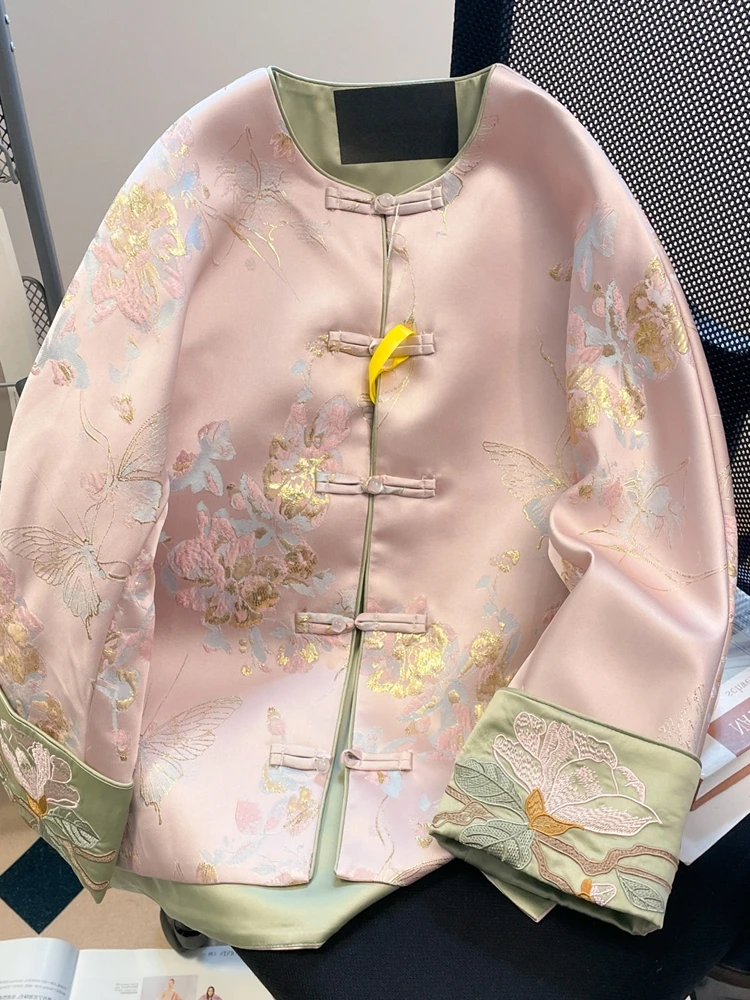 

Ele Embroidered Jaet Men's Women's Spring Autumn Heavy Work Floral Pattern round Ne Long Sve Loose Fit Outerwear