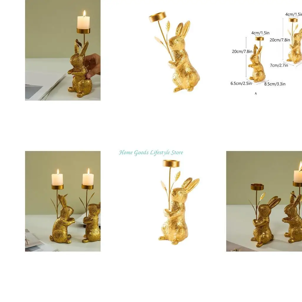 E74E Farmhouses Gold Bunnies Rabbit Figurine Pillar Holder for Spring Table Centerpieces Candlestick and Home Decors