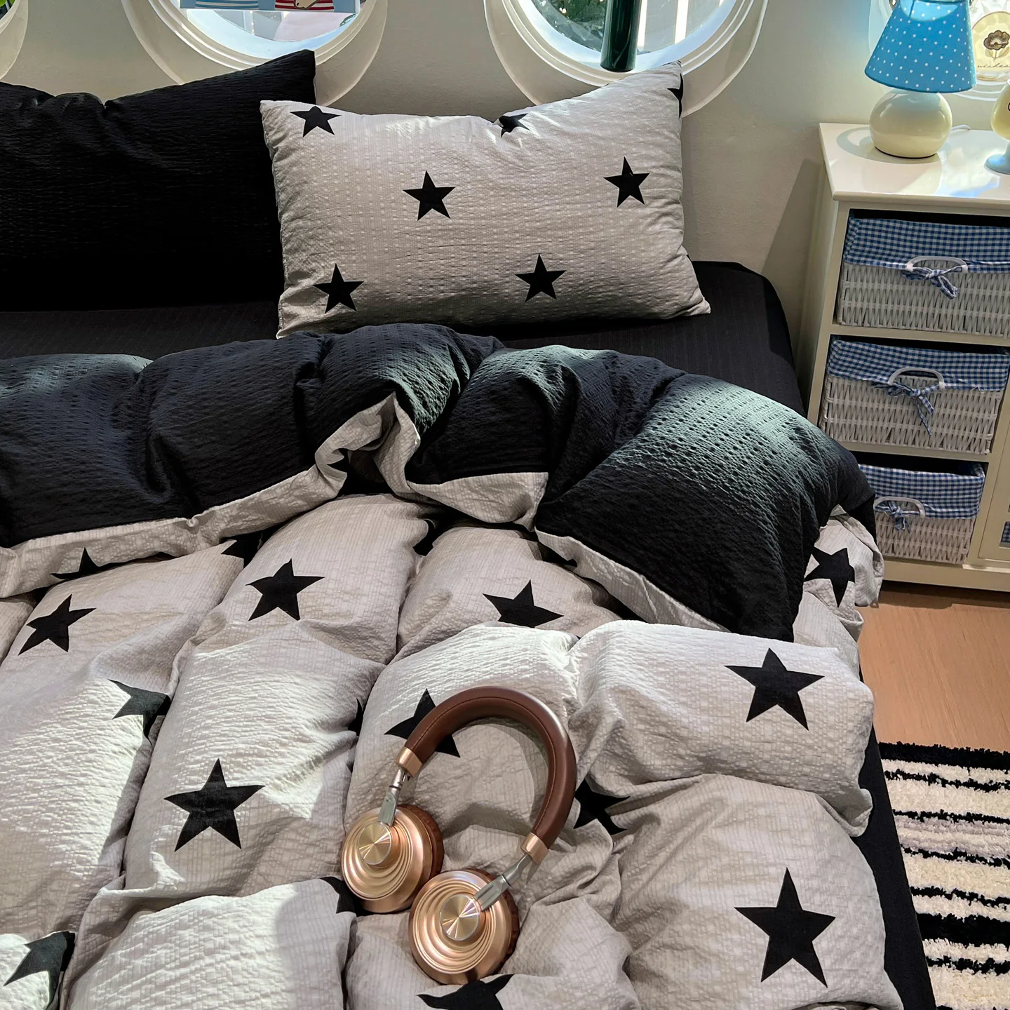3/4PCS Bedding Set Black Grey Five-pointed Stars Duvet Cover Set Sheet Set King Queen Size for Home Bedroom Decor Bithday Gift