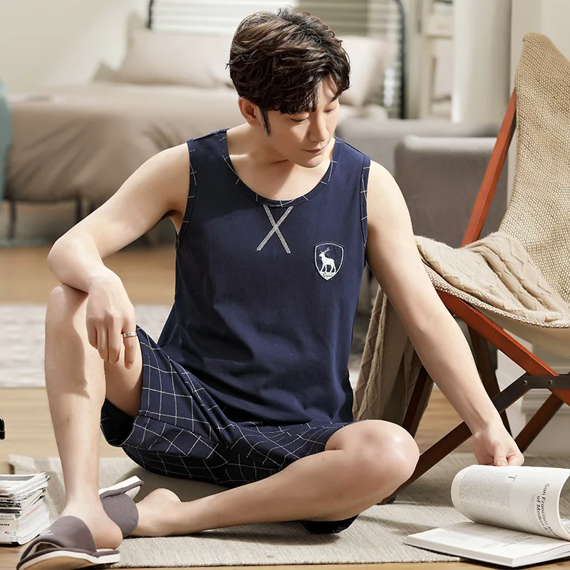 Volledige Katoenen Pyjama Voor Mannen Dunne Vest Mouwloos Mannelijke Pocket Pyjama Set Homewear Slaap Broek Grote Werven 3XL 4XL Pijamas de Hombre