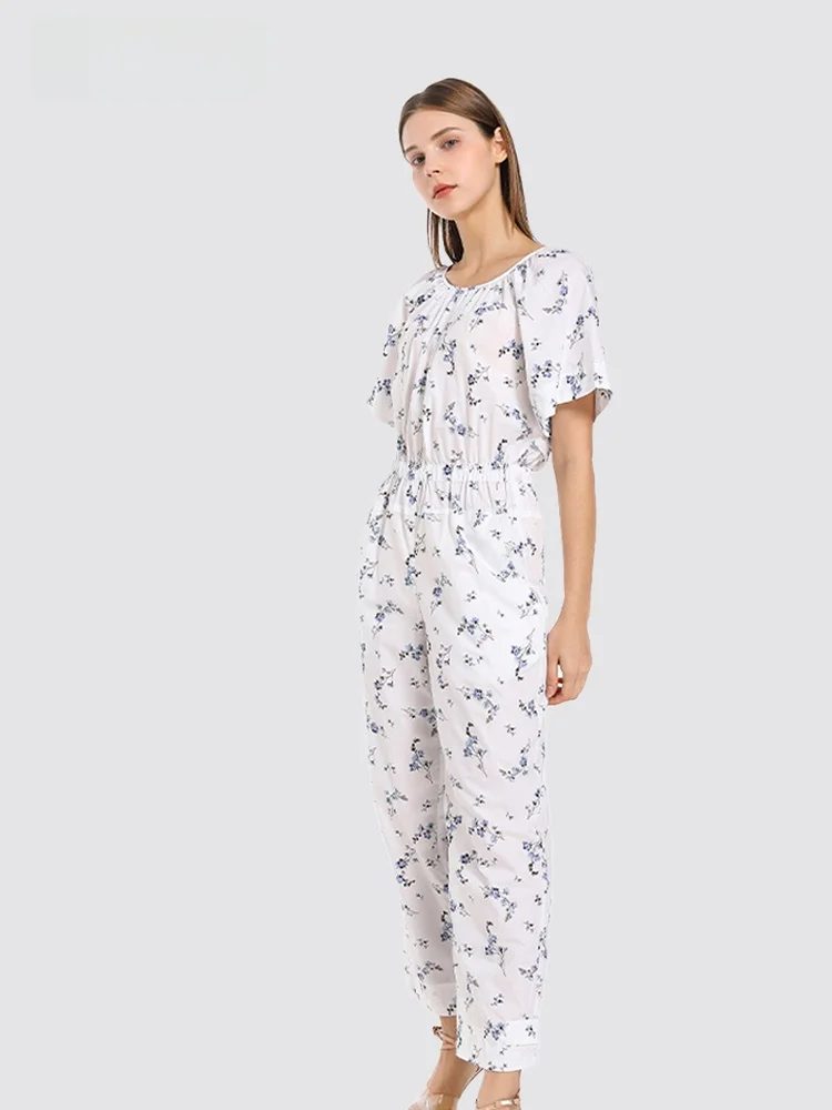 

Ele White Floral Print One-Piece Summer Women's Rer ort Sve round Ne Waist-Cinching High Waist Nine-Piece Pants