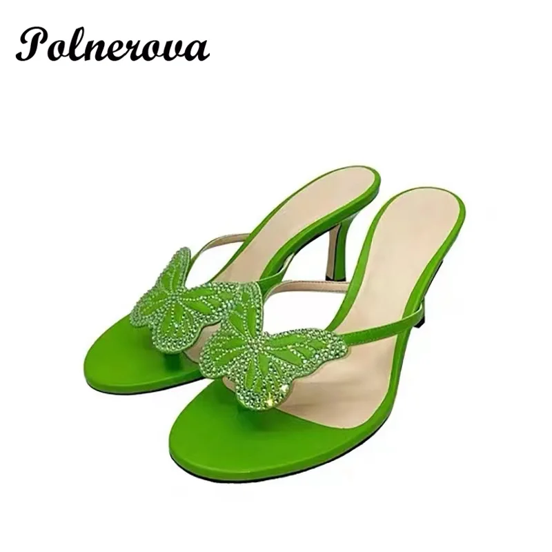 

Rhinestone Butterfly Decoration Stiletto Flip-Flops Summer New High-Heeled Pink Green Sandals Women's Party High-Heeled Slippers