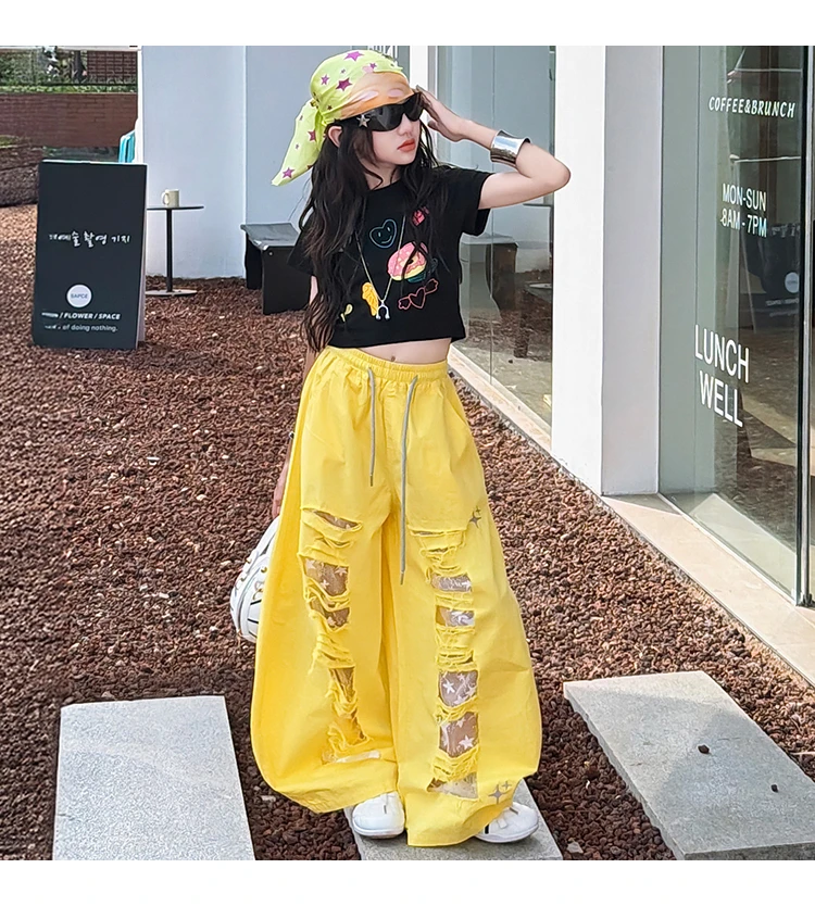 Teenager-Mädchen Mode Street-Style Y2K Kleidungsset Outfits für Mädchen Sommer T-Shirt + zerrissene Hosen Streetwear Coole Kinderkleidung Anzug – Detail 9