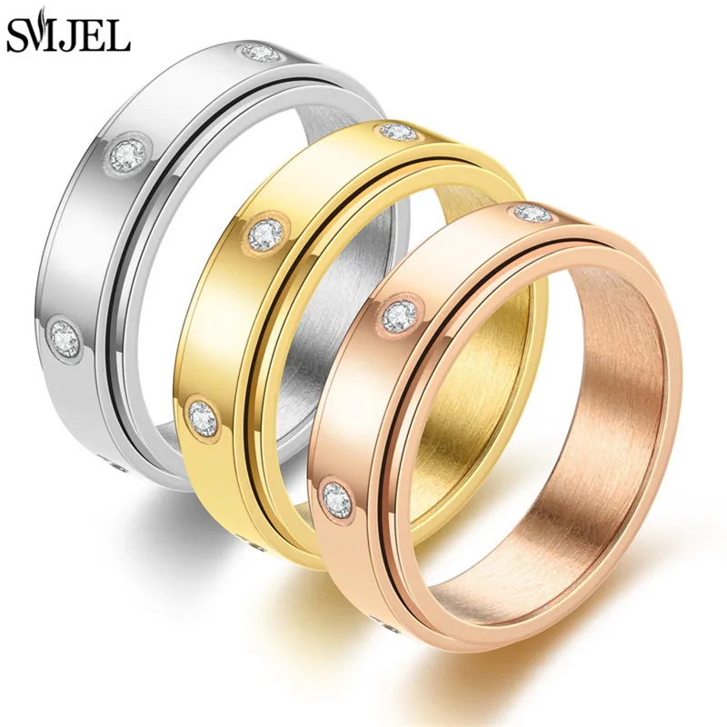 Punk Anti Stress Fidget Spinner Ring Black for Men Women Stainless Steel Anxiety Knuckle Rings 6/8mm Relaxing Finger Jewelry