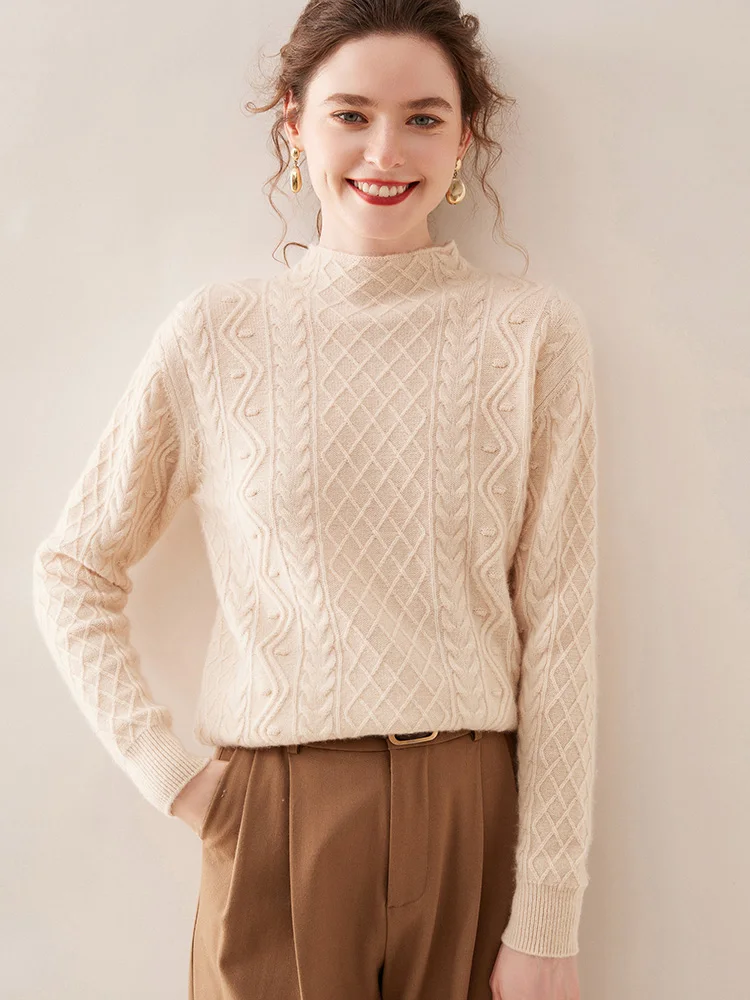 Winter Women's Cashmere Sweater Twist Flower Mock Neck Pullover Thick Warm Vintage Style Cashmere Knitwear High Quality Fashion