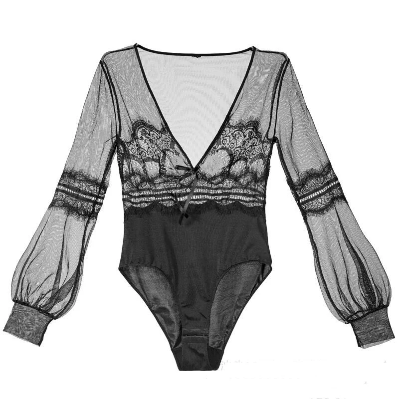 Bodysuit elástico para fotografia de maternidade, macacão de tecido macio, decote em v, manga de renda preto, adereços fotografia