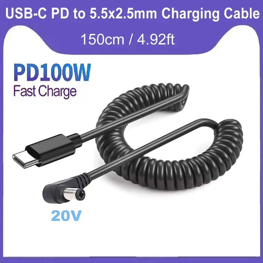 PD 100W Type C to DC Charging Cord, USB C to DC 5.5X2.5mm Power Jack Laptop Fast Charging Cable Coiled Spring Charging Cable