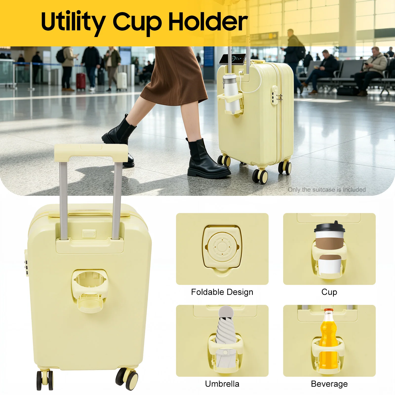 

20" Travel Luggage Suitcase+34*23*53Cm, Carry On Luggage+40Kg Load Capacity, Suitcase With Cup Holder+4 Shock-Absorbing Wheels, For Short-Distance Domestic International Tourism Business Trips Vacations Exchange Visits Academic Conferences Students Busine