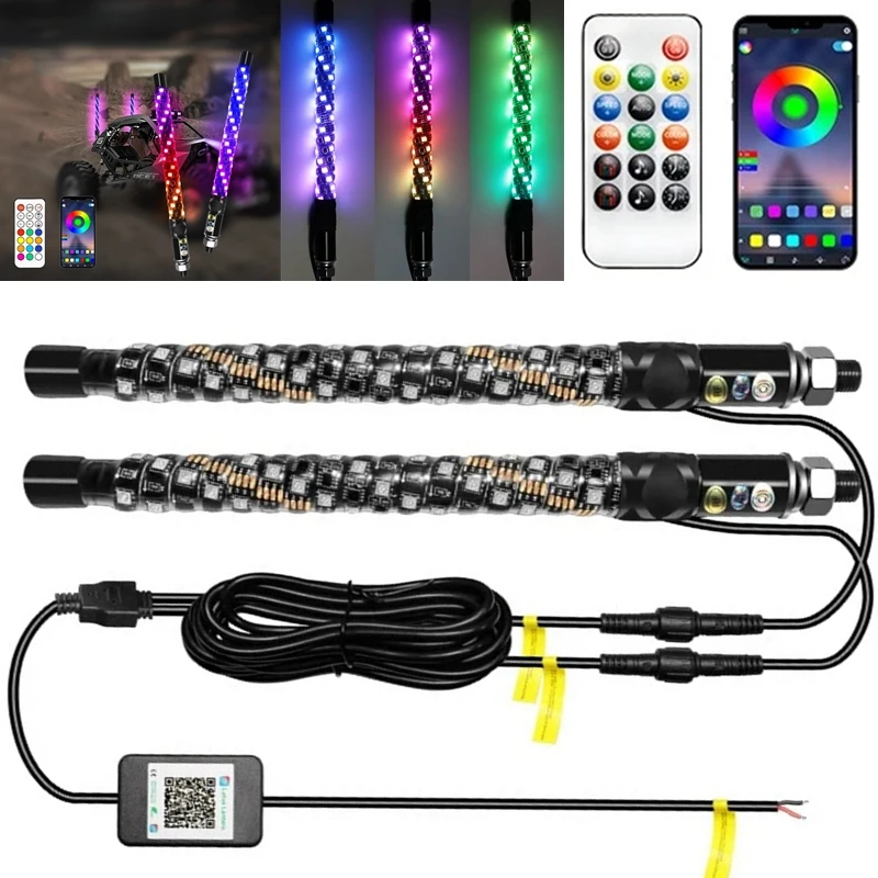 LED Whip Lights 12V-24V IP68 Bluetooth Remote Control Voice control Colorful LED Whip Lights For UTV ATV Off Road Truck Sand RZR