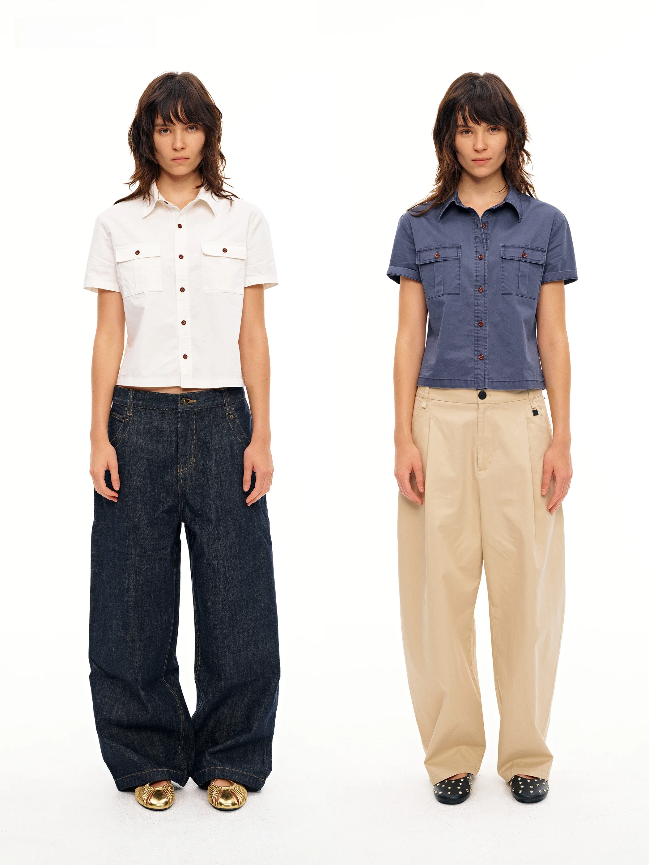 

AHNKANK Vintage Washed Color Block Short Sleeve Shirt Women's Button up Top Cotton Casual Workwear Jacket Spring 2026