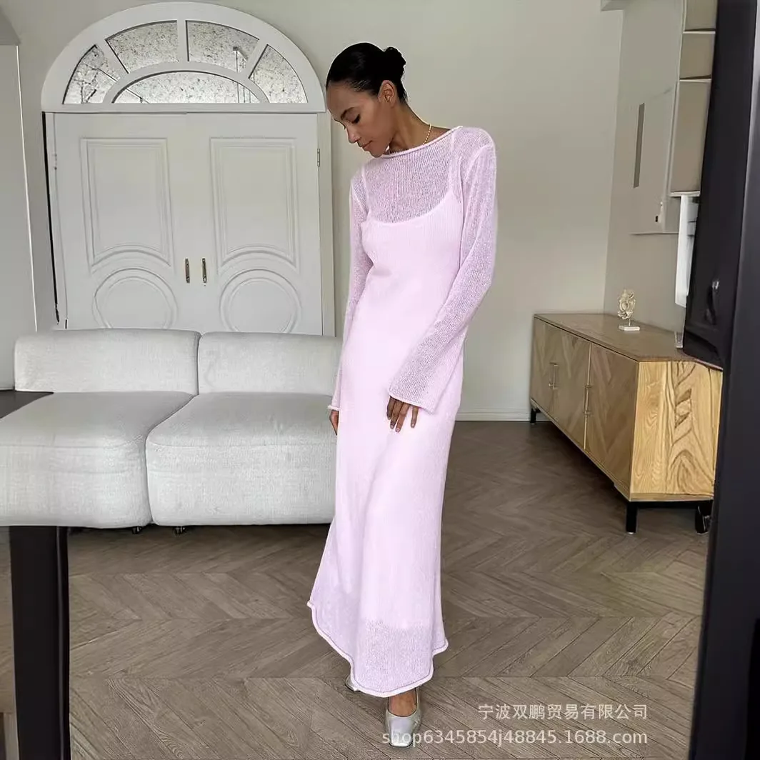 Fashion Solid Color Knitted Dresses Two Piece Set Women See Through Long Sleeve Pullover Dress And Spaghetti Strap Vestidos Sets