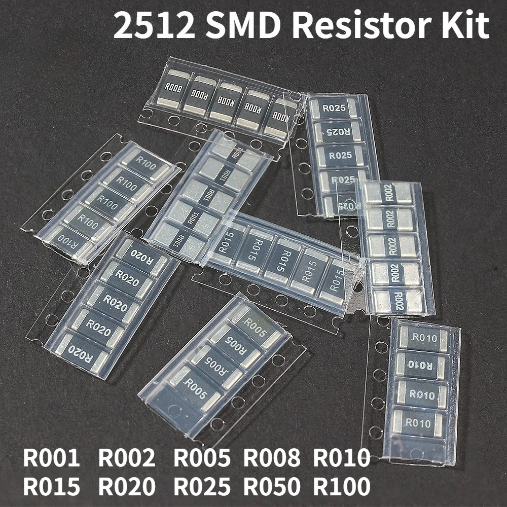 Zestaw Rezystorów SMD 50 SZT. 2512 Rezystancja 1% R001 R002 R005 R008 R010 R015 R020 R025 R050 R100 Próbka Rezystorów Różne