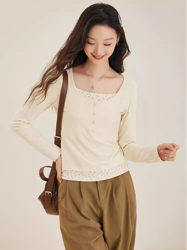 New Women Spring Autumn Floral Patchwork T-shirt Fashion O-Neck Long Sleeve Slim Print T-shirt Simplicity Sweet Basic T-shirt