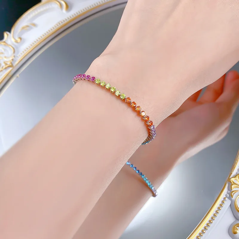 Sparkling Single Row Colour High-Carbon Diamonds Women's Bracelet - 925 Sterling Silver Bangle for Bridal - Valentine's Jewelry