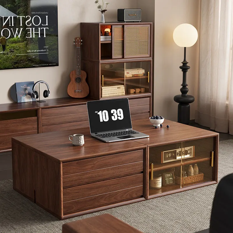 Black walnut solid wood combination cabinet, bookcase, bedside table, storage combination, rattan glass door, diverse cabinet