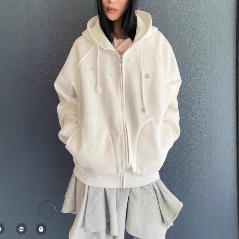 سترة نسائية بغطاء للرأس مبطنة بالصوف وطباعة نجوم وربطة عنق وسترة شتوية وخريفية سميكة ودافئة وأكمام طويلة وسحاب أمامي #6