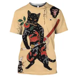 2024 Retro T-shirt Men Women Samurai Cat Tattoo Shirt For Men 3d Print Cool Classic Art Shirt For Summer Round Collar Tops Tees