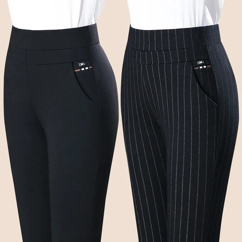 Spring Autumn Middle Aged Women Elastic Waist Casual Straight Pants Female Trousers Lady Stripe Pencil Pants Black Pants 5XL1833