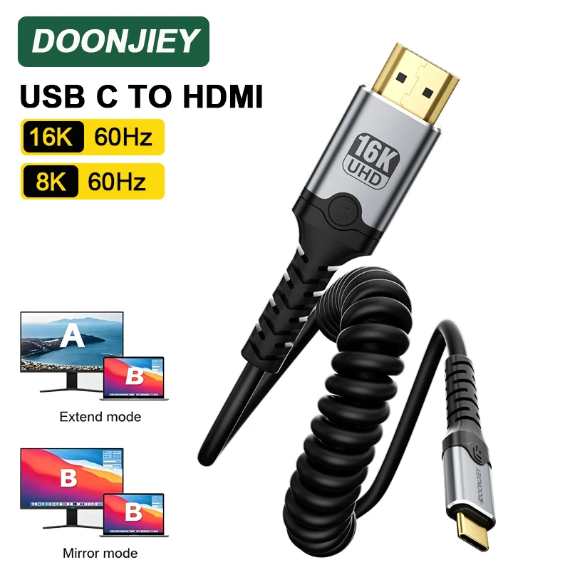 DOONJIEY Type C to HDMI-Compatible Cable 16K Ultra HD Spring Cable for Air iPad TV Converter MacBook USB-C HDMI Adapter