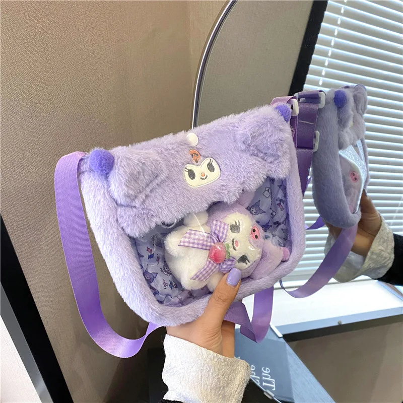 

Sanrio Children's Cartoon Plush Cinnamoroll Melody Kuromi Hello Kitty Shoulder Bag Transparent Cute Doll Pendant Crossbody Bag