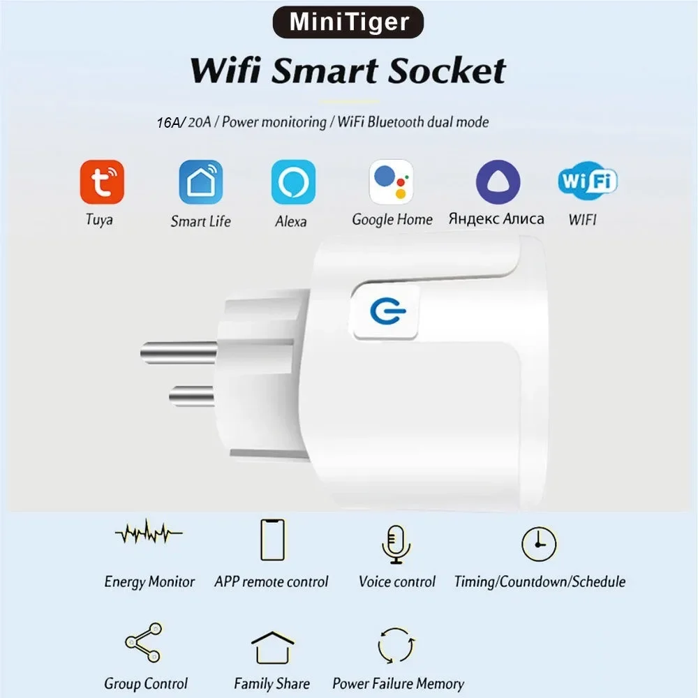 Smart Socket EU 16A/20A AC100-240V Wifi Smart Plug Power Outlet Home Voice Control, for Smart Life APP