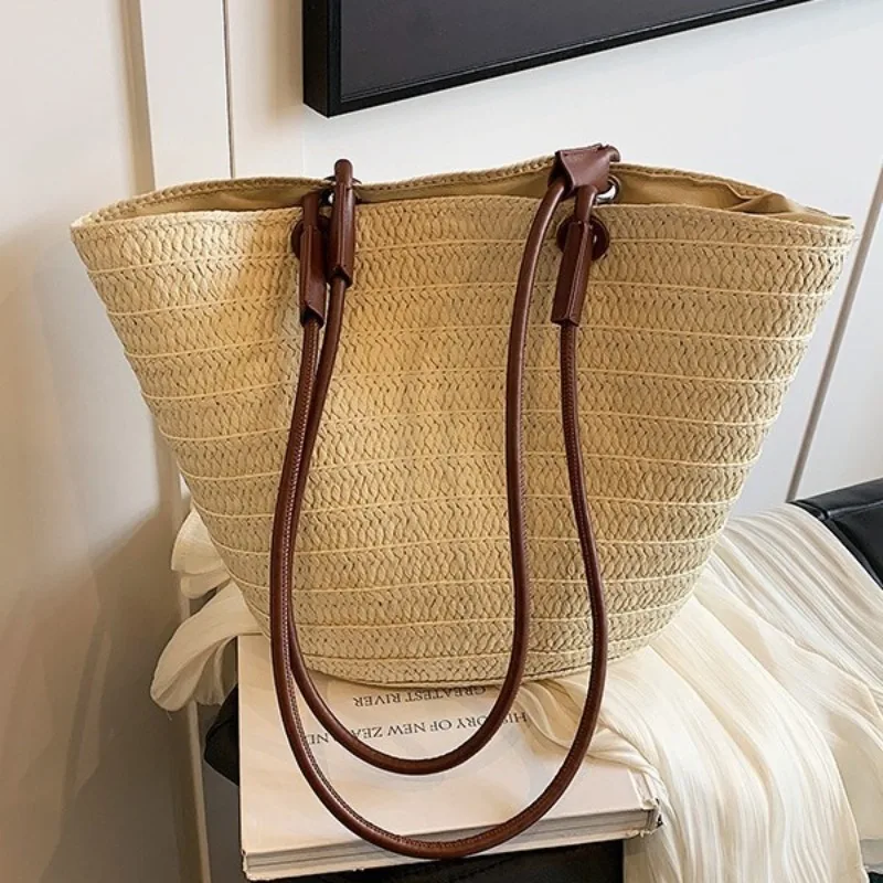 

Large Capacity Tote Bag Women Straw Woven Shoulder Bags For Women Summer Basket Handbag Bohemian Shoulder Bag Ladies Travel Bags