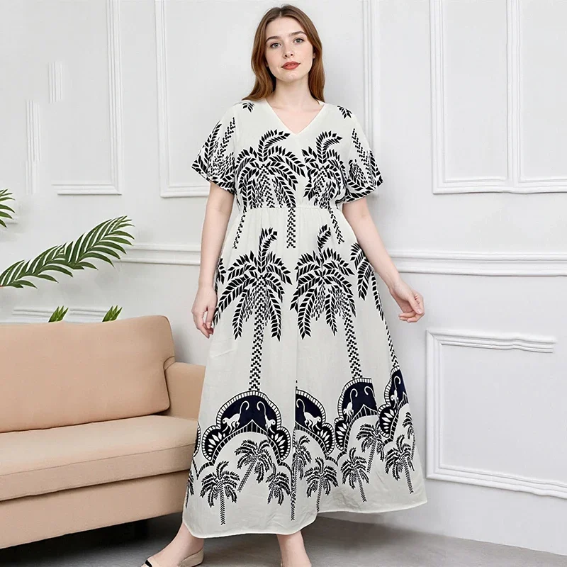 Zomer Gedrukt Strand Plus Size Jurk Vrouwen Sexy V-hals Korte Mouwen Bloemen Elegante Lange Jurken Dames Hoge Taille Vintage Gewaad