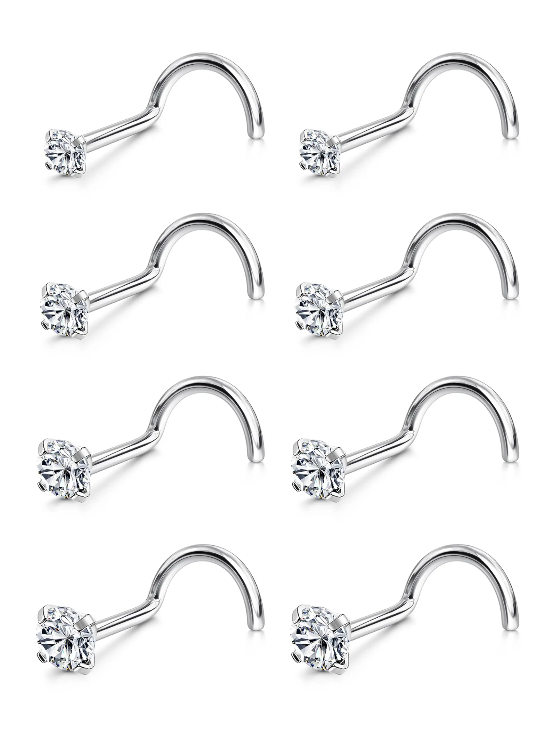 8PCS Titanium Nose Rings 20G Corkscrew & L Shape Studs Diamond CZ Silver & Gold, Hypoallergenic 1.5mm-3mm