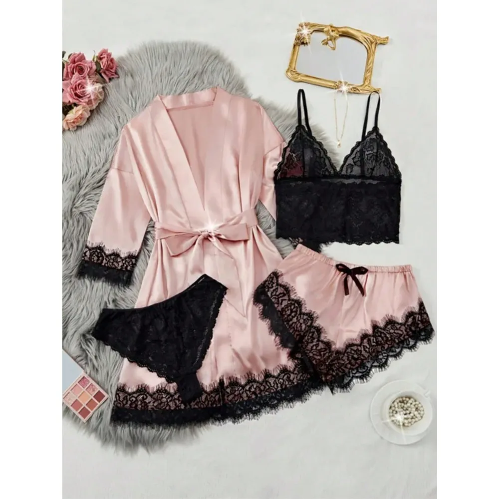 

Women' Silk Satin Pajamas Set 4pcs Lingerie Floral LaceCami Sleepwear With Robe Lotus Root Pink