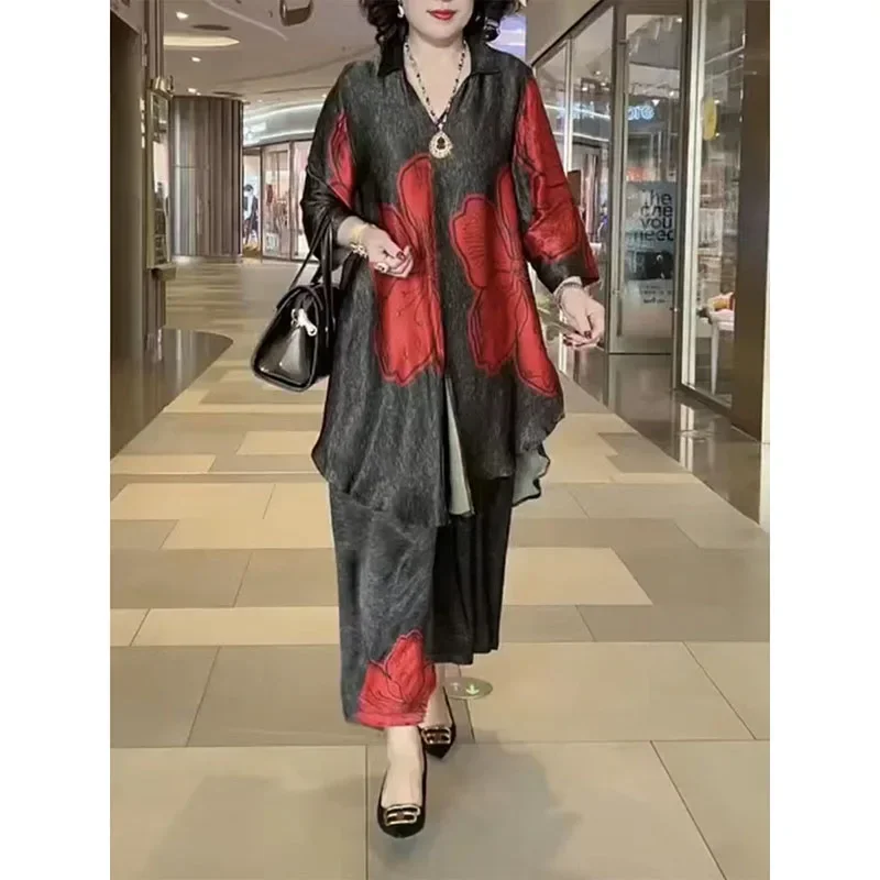 

Summer Female Fashion Large Size Two Piece Set Women High-end Seven Points Sleeve Pant Set Middle Age Mom Loose Fit Outfit E5176