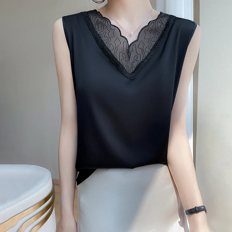 2023 Spring/Summer New Strap Women's Lace Tank Top Acetic Acid Material Top Bottom Solid Sleeveless