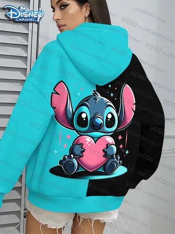 Disney stitch & angels hoodie bonito impressão 3d dos desenhos animados pulôver moletom outono inverno feminino com capuz esporte oversize hoodie para mulher